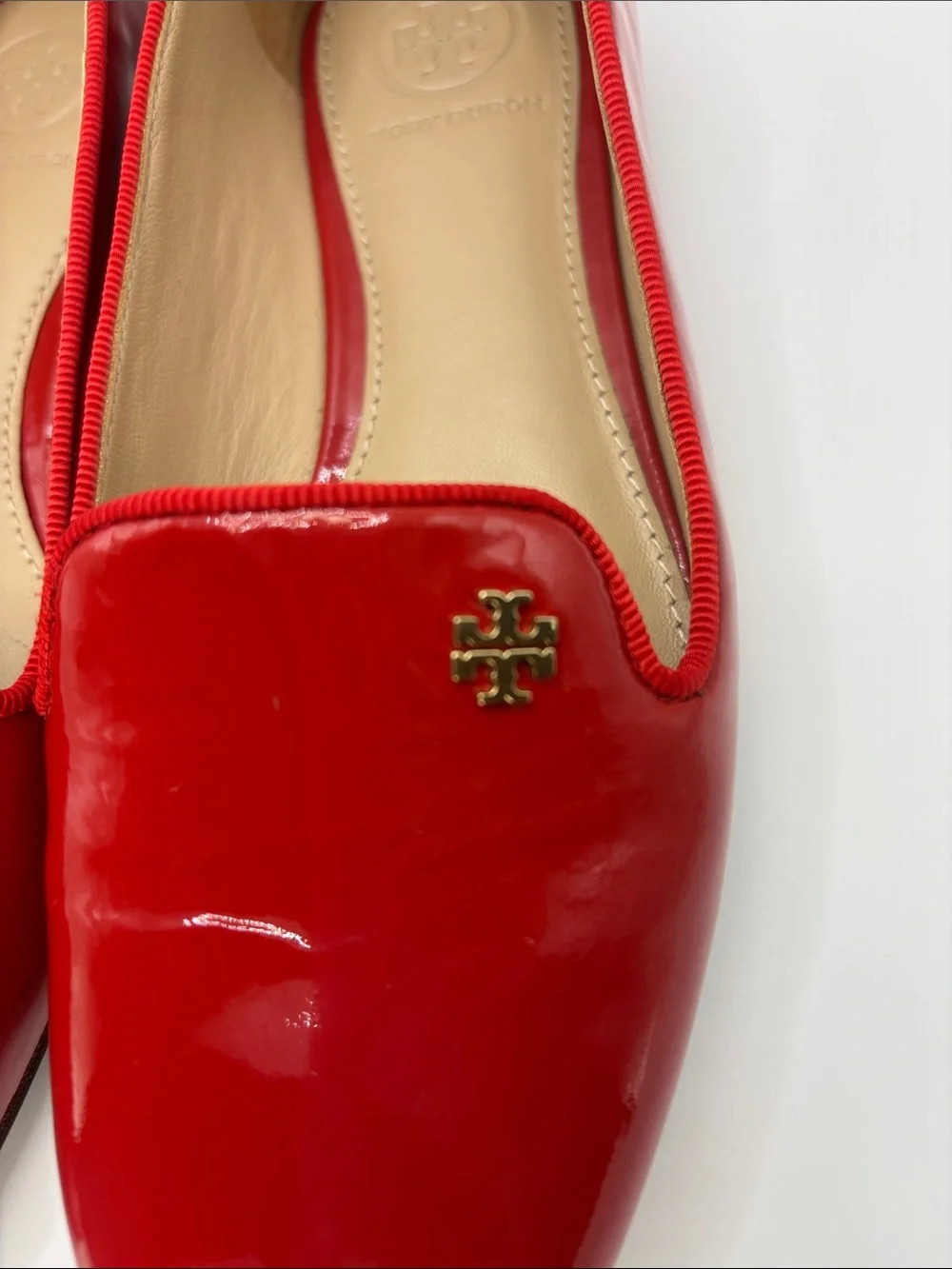 Tory Burch Red Patent Leather Loafers with Logo Accent